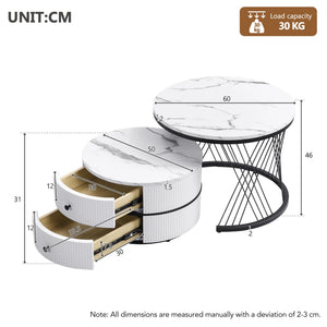 Reflet | Duo de tables gigognes rondes effet marbre brillant, 2 tiroirs