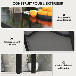 Onyx - Table de jardin verre trempé avec 4 chaises empilables noires