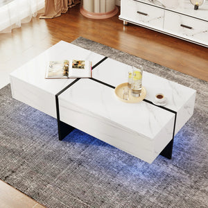 Aurore | Table basse bicolore effet marbre blanc et noir, LED connectée, 3 tiroirs