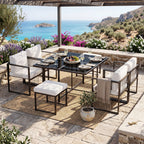 Séville | Ensemble repas 7 pièces, 4 fauteuils cordés et 2 poufs, table verre trempé