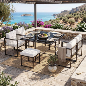 Séville - Ensemble repas de jardin 7 pièces, fauteuils tressés en corde