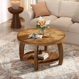 Mosaïque | Table basse ronde en bois massif avec rangement, motif mosaïque