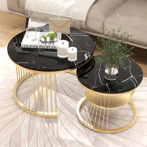 Duo Ébène | Duo de tables gigognes rondes effet marbre, piétement métal noir