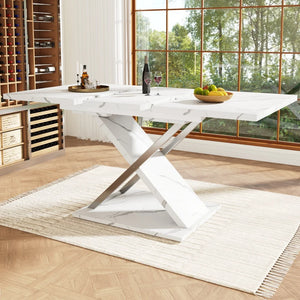 Marbella | Table de salle à manger extensible, plateau effet marbre, piétement croisé