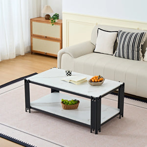 Domino | Table basse rectangulaire bicolore effet marbre, piétement métal, 114x64x46 cm