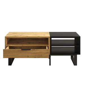 Contraste | Table basse noire et bois avec tiroir et 3 compartiments