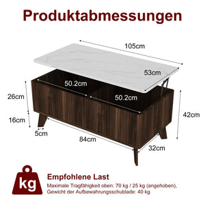 Ascension | Table basse relevable effet marbre et chêne clair, rangement intégré, 105x84x42 cm