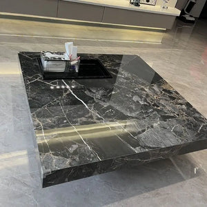 Titan | Table basse en pierre frittée effet marbre, piétement inox, plateau coulissant