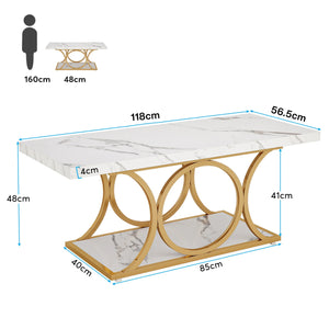 Manhattan | Table basse rectangulaire effet marbre blanc, pieds dorés, 118x56,5x48 cm