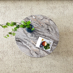 Cendre | Table basse ronde effet marbre gris Ø70 cm, piétement acier noir