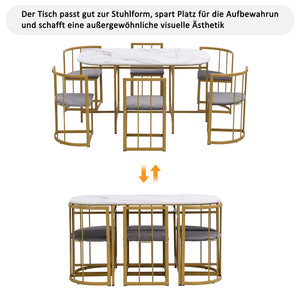 Élégante | Ensemble table blanche et 6 chaises velours gris, structure dorée