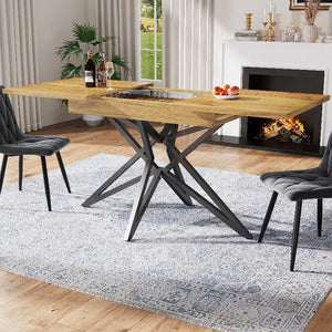 Noyer | Table de salle à manger en bois extensible, pieds étoile en métal noir