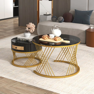 Duo Rotin | Duo de tables basses rondes effet marbre et rotin, tiroirs bois