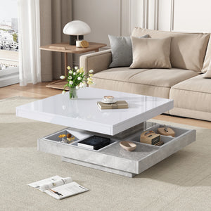 Pivot | Table basse pivotante à double plateau, effet marbre, blanc brillant, 70x70x36 cm