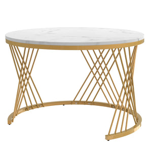 Duo Rotin | Duo de tables basses rondes effet marbre et rotin, tiroirs bois