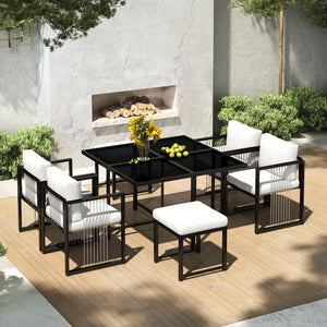 Séville - Ensemble repas de jardin 7 pièces, fauteuils tressés en corde