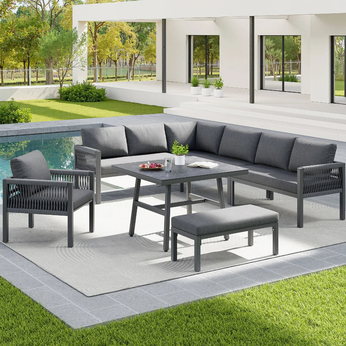Panorama | Salon de jardin en L pour 8 personnes, coussins gris