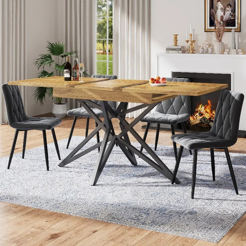 Noyer | Table de salle à manger en bois extensible, pieds étoile en métal noir