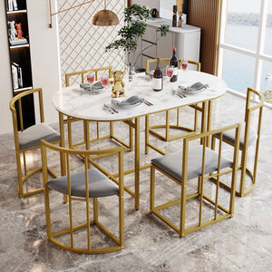 Élégante | Ensemble table blanche et 6 chaises velours gris, structure dorée