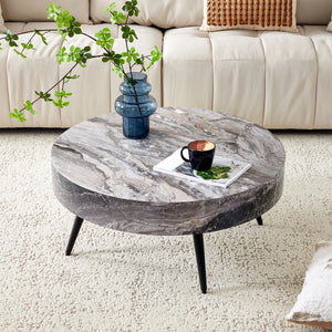 Cendre | Table basse ronde effet marbre gris Ø70 cm, piétement acier noir