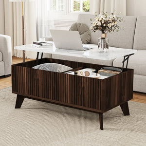 Ascension | Table basse relevable effet marbre et chêne clair, rangement intégré, 105x84x42 cm