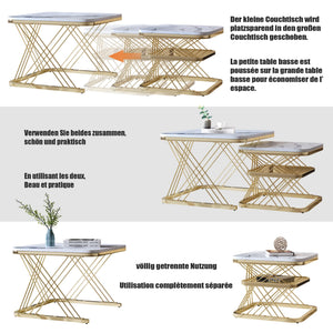 Duo Doré | Duo de tables basses effet marbre blanc, pieds dorés, 60 et 45 cm