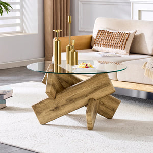 Verrière | Table basse ronde en verre trempé, base croisée imitation bois