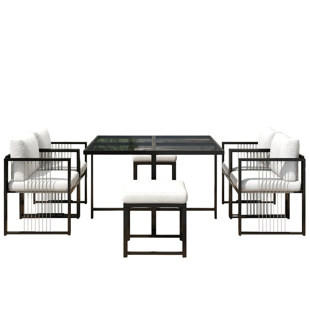 Séville | Ensemble repas 7 pièces, 4 fauteuils cordés et 2 poufs, table verre trempé