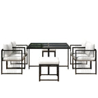 Séville | Ensemble repas 7 pièces, 4 fauteuils cordés et 2 poufs, table verre trempé