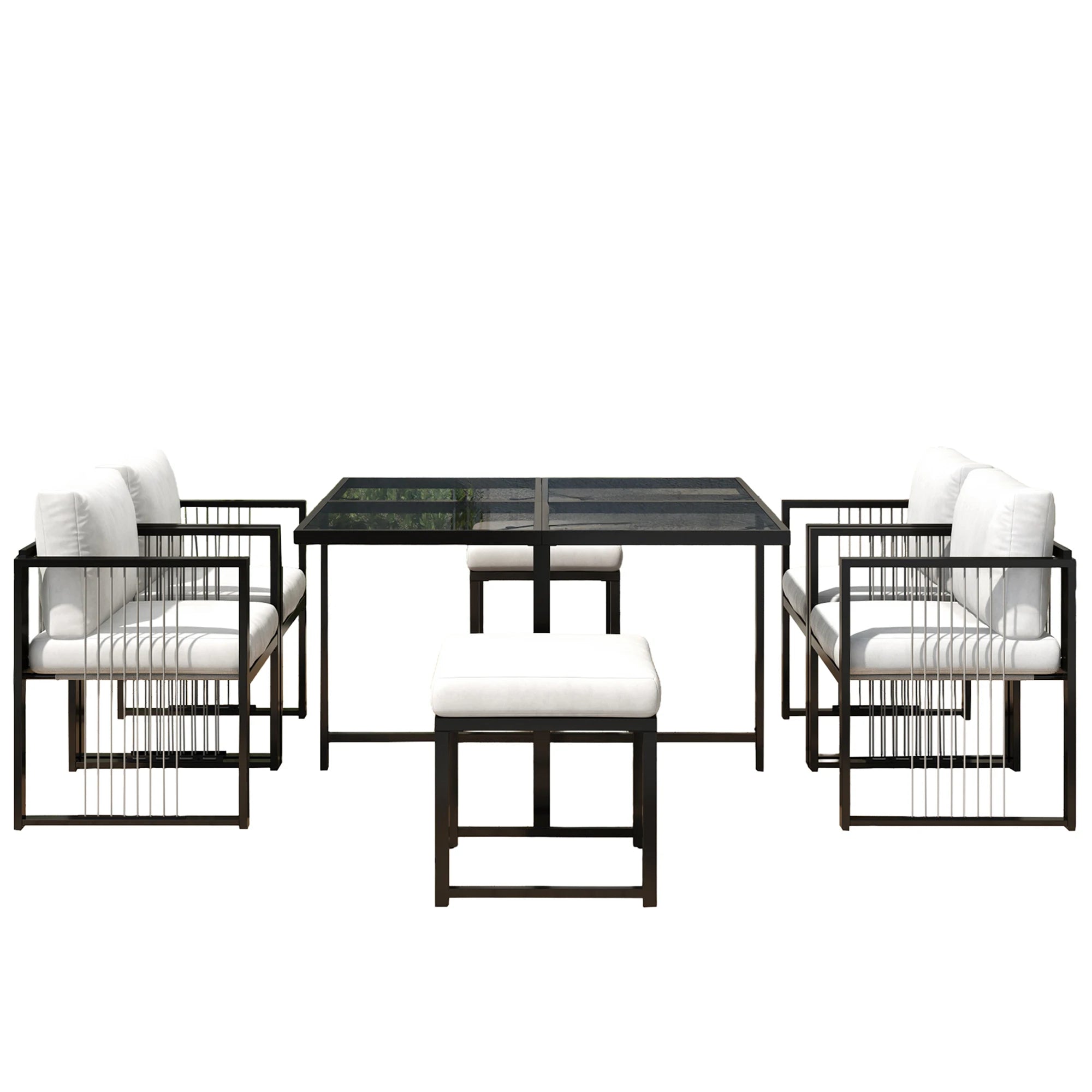Séville | Ensemble repas 7 pièces, 4 fauteuils cordés et 2 poufs, table verre trempé