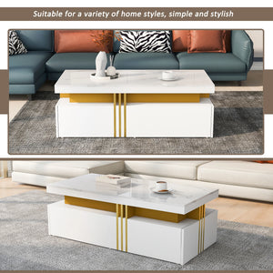 Éclipse | Table basse rectangulaire effet marbre haute brillance, 2 tiroirs bois, 100x50x40 cm