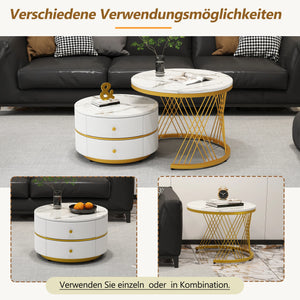 Reflet | Duo de tables gigognes rondes effet marbre brillant, 2 tiroirs