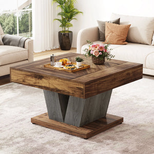 Rustica | Table basse carrée effet bois rustique, piétement croisé, 80x80x51 cm