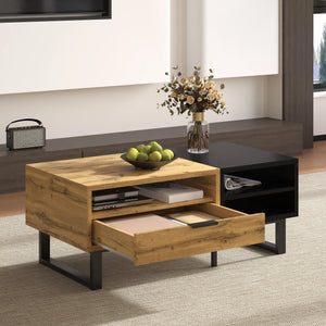 Contraste | Table basse noire et bois avec tiroir et 3 compartiments