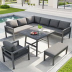 Panorama | Salon de jardin en L pour 8 personnes, coussins gris