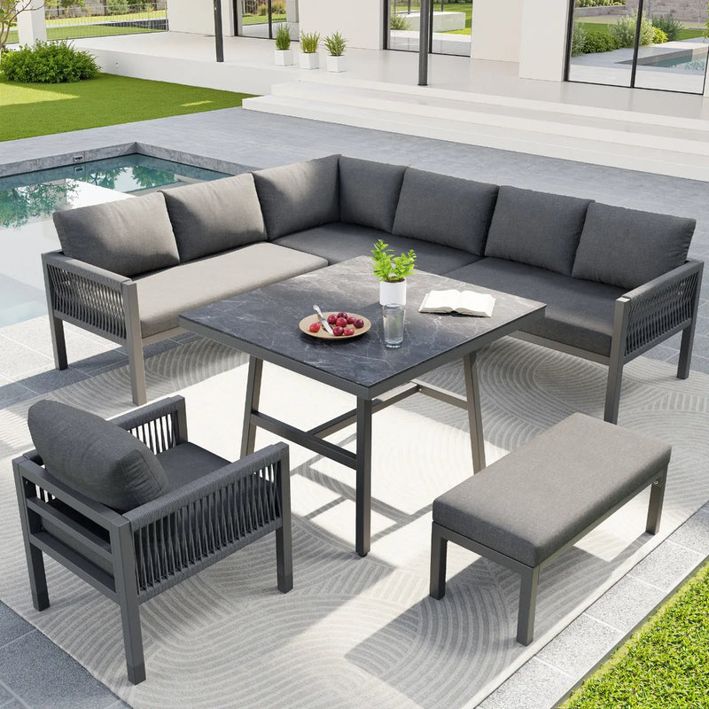 Panorama - Salon de jardin en L, 8 places, coussins gris