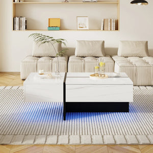 Aurore | Table basse bicolore effet marbre blanc et noir, LED connectée, 3 tiroirs