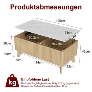 Ascension | Table basse relevable effet marbre et chêne clair, rangement intégré, 105x84x42 cm