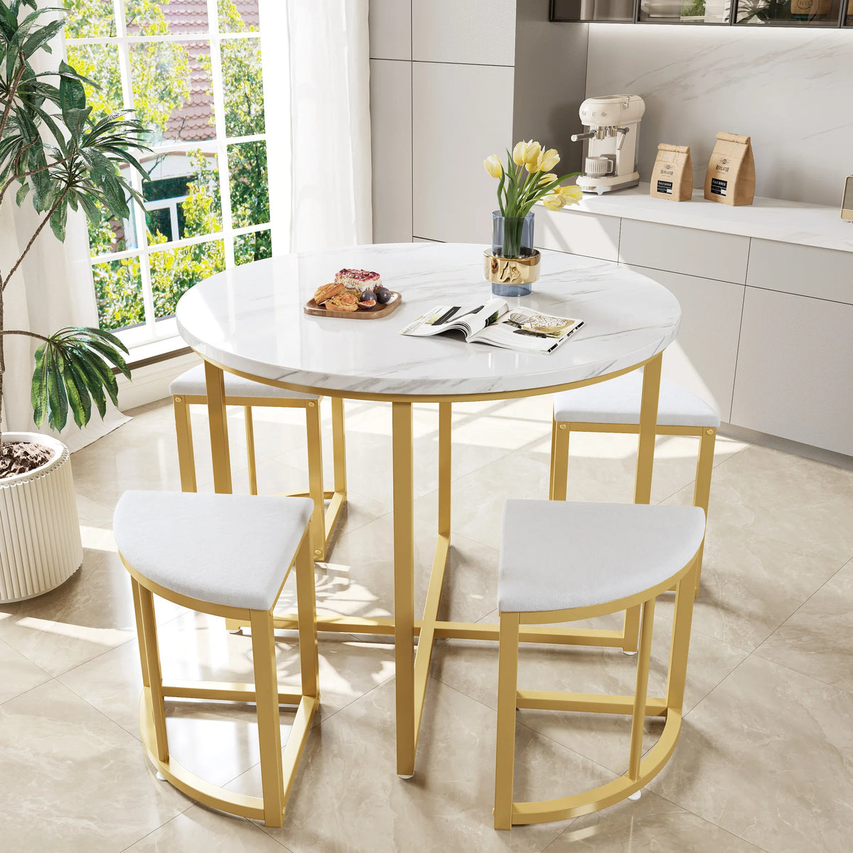Compacte | Ensemble table ronde blanche 80cm et 4 chaises velours, pieds dorés