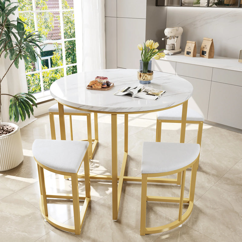 Compacte | Ensemble table ronde blanche 80cm et 4 chaises velours, pieds dorés