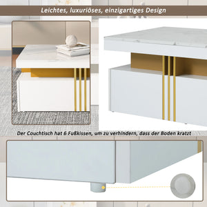 Éclipse | Table basse rectangulaire effet marbre haute brillance, 2 tiroirs bois, 100x50x40 cm