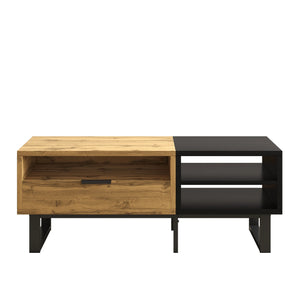 Contraste | Table basse noire et bois avec tiroir et 3 compartiments