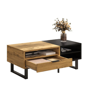 Contraste | Table basse noire et bois avec tiroir et 3 compartiments