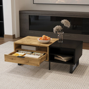 Contraste | Table basse noire et bois avec tiroir et 3 compartiments