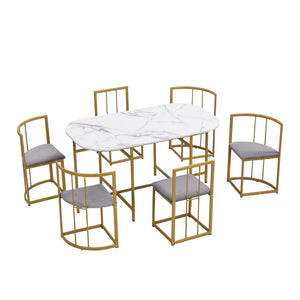 Élégante | Ensemble table blanche et 6 chaises velours gris, structure dorée
