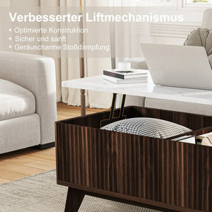 Ascension | Table basse relevable effet marbre et chêne clair, rangement intégré, 105x84x42 cm