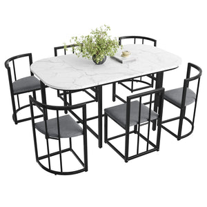 Élégante | Ensemble table blanche et 6 chaises velours gris, structure dorée