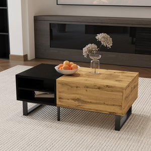 Contraste | Table basse noire et bois avec tiroir et 3 compartiments