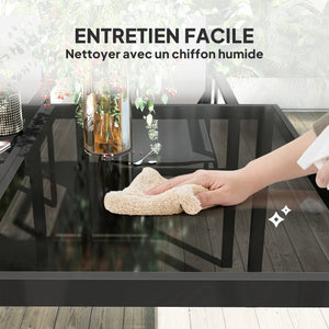 Onyx - Table de jardin verre trempé avec 4 chaises empilables noires