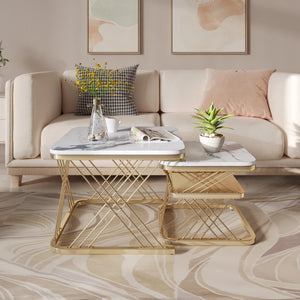 Duo Onyx | Duo de tables basses effet marbre, piétement fer noir et doré